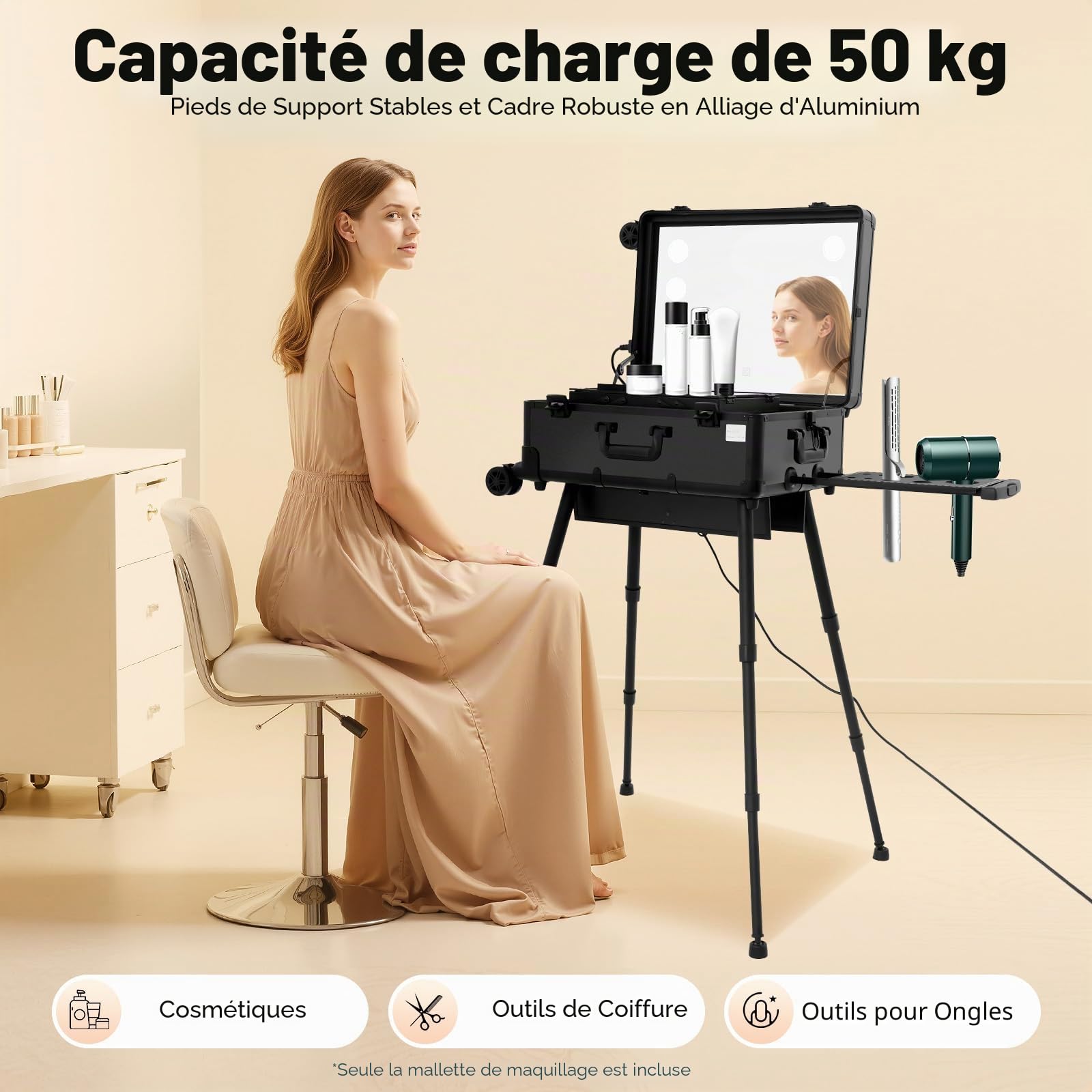 MINRS Valise de maquillage à roulettes Avec miroir et lumière Hauteur et luminosité réglables Verrouillable Pour les voyages, les coiffeurs, les maquilleurs Noir