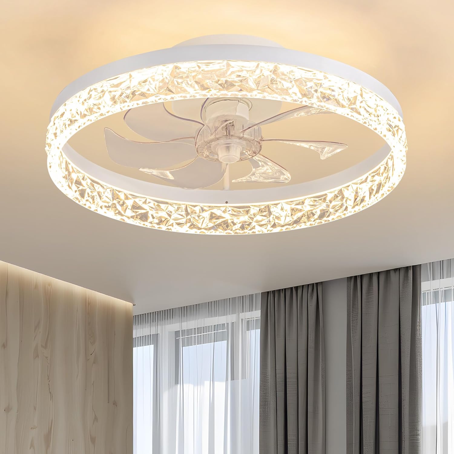 KDG 15.8" Low Profile LED Ceiling Fans with Light, Reversible Flush Mount with Remote and 6 Winds Speeds Fan Lighting, 3 Colors Dimmable for Bedroom, Living Room, Kids, Dinning Room, Kitchen (White)