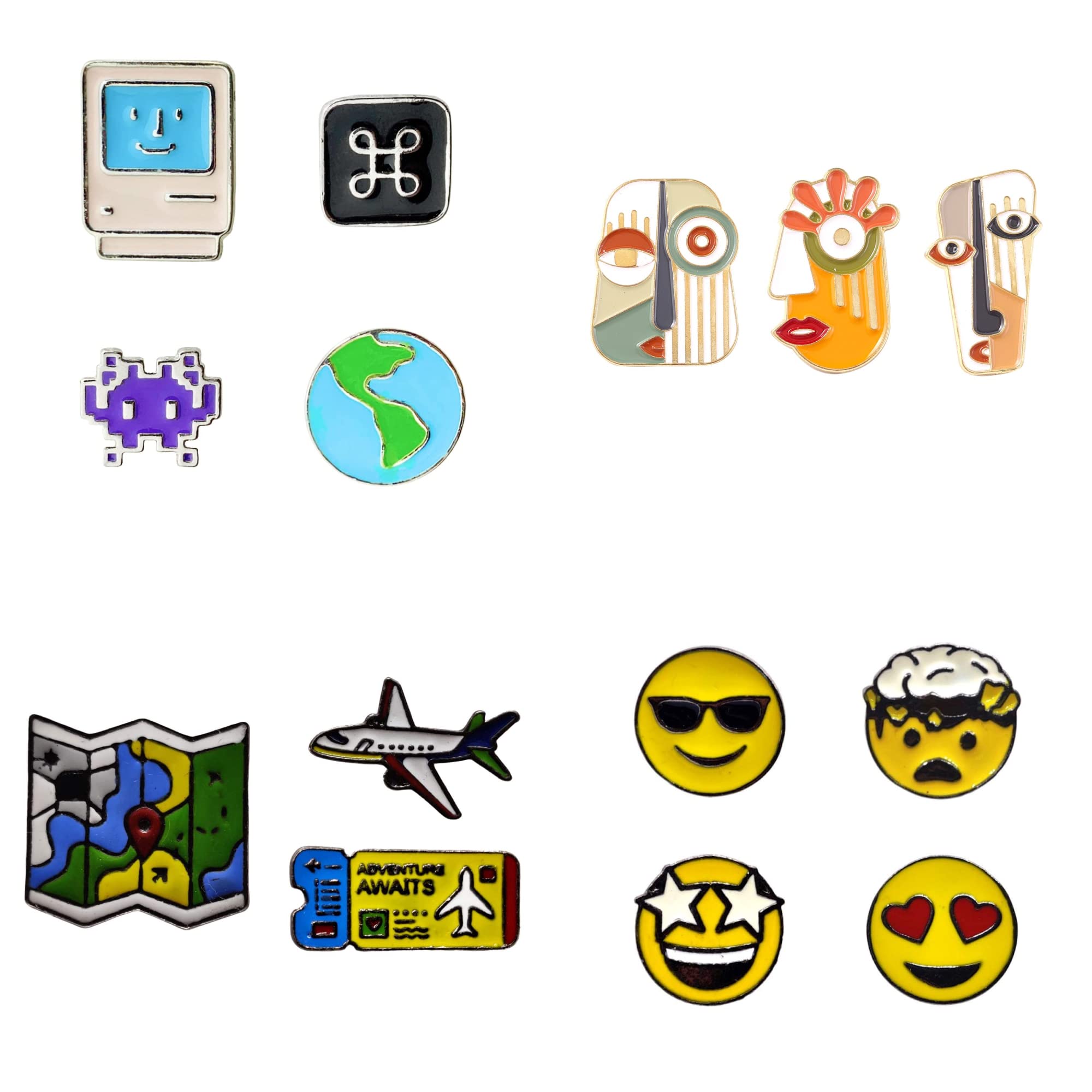 FURE Metal Combo of Computer, Abstract Portrait, Travel the World & Emoji Enamel Pins (Multicolor) for Men and Women