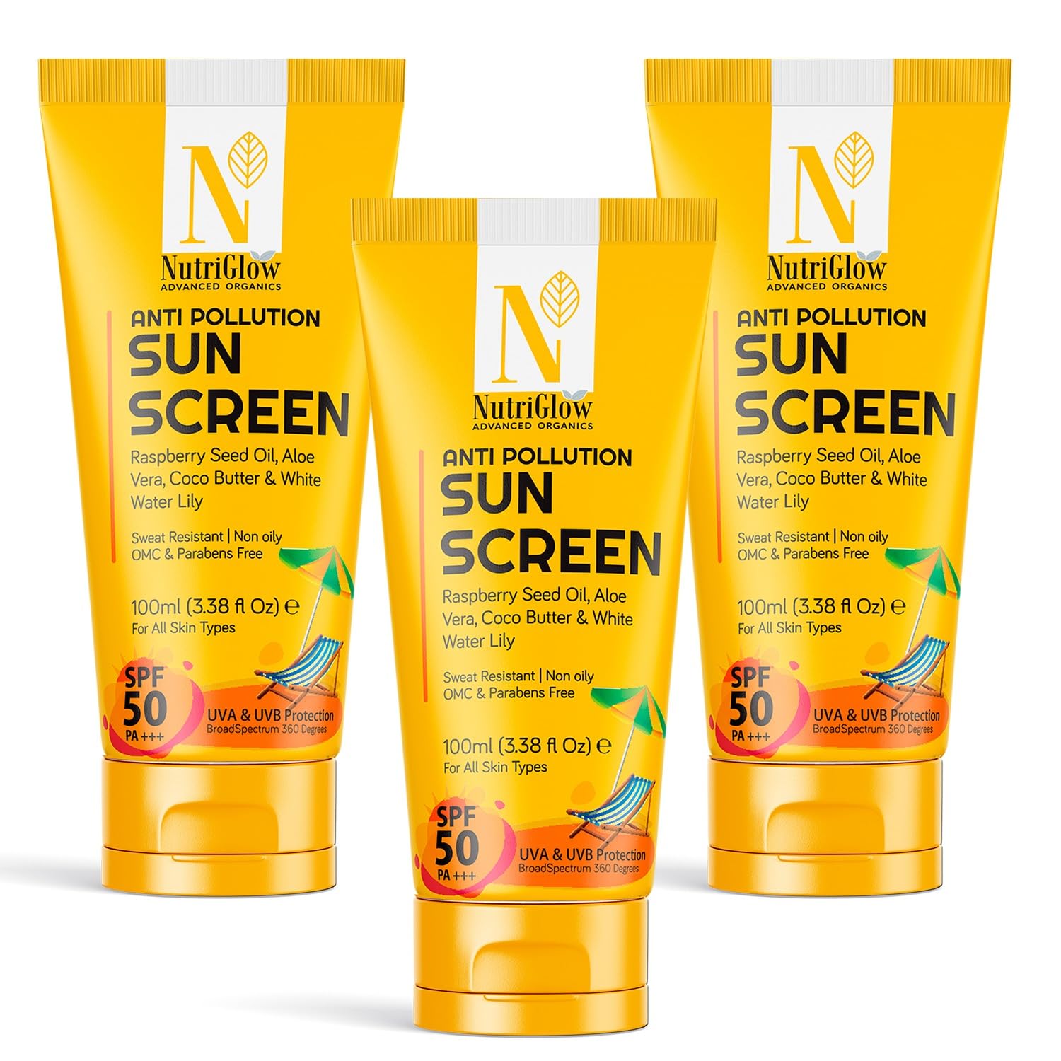 NutriGlow Advanced Organics Anti-Pollution Sunscreen SPF 50 PA+++ | No White Cast | Raspberry Seed Oil + Broad Spectrum UVA/UVB & Blue Light Protection | Non-Greasy, for Men & Women | 100ml | Broad Spectrum UVA/UVB & Blue Light Protection, Non-Greasy Pack of 3-image-46