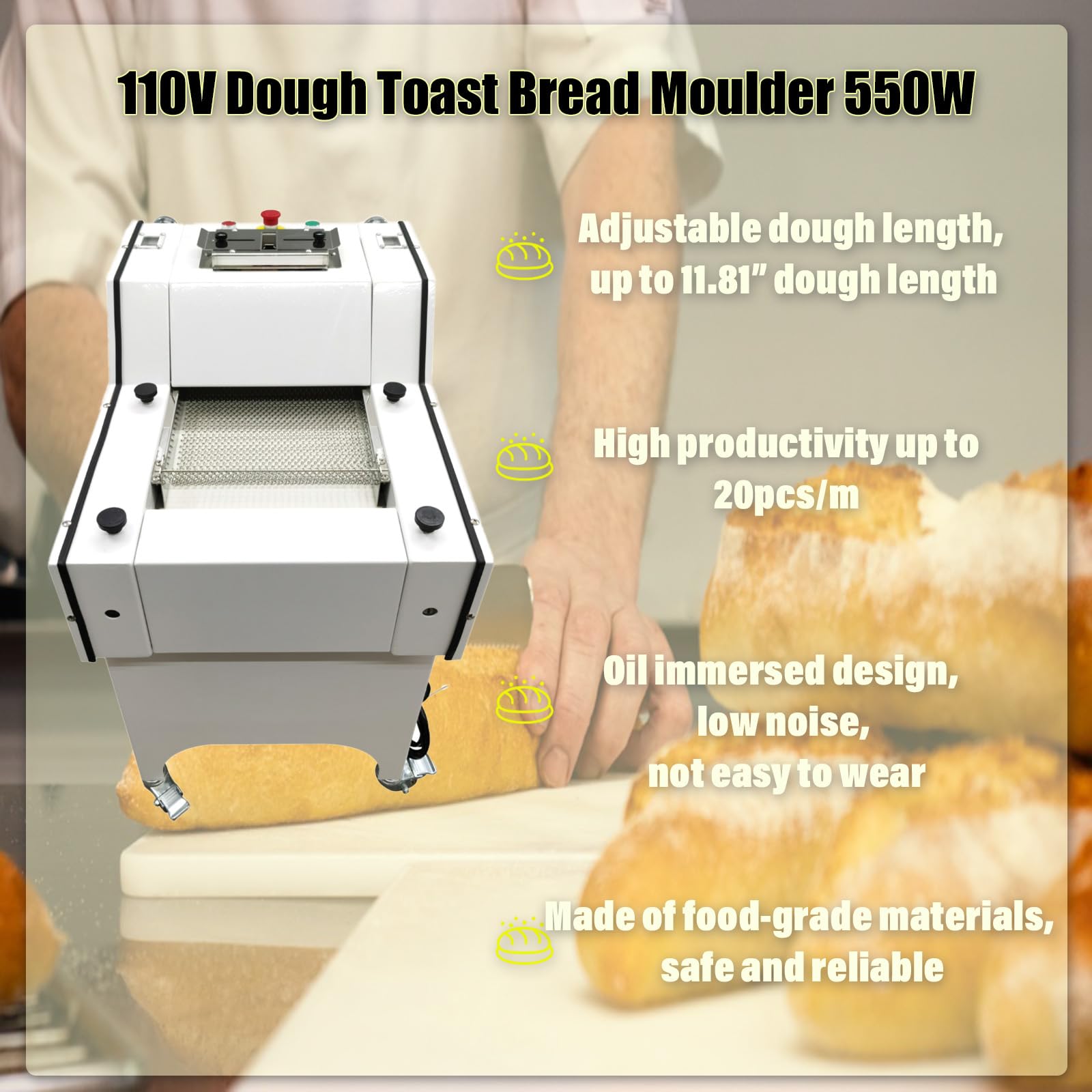 WYDDDARY Commercial Automatic Bread Moulding Machine 20pcs/min Toast Forming Machine Dough Sheeter Dough Press Machine Baguette Molding Machine 110V