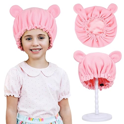 Miniatura 1 de Gorro de satén para niños, gorro de oso de bebé, ajustable, gorro kawaii, gorro de dormir rosa, gorro de noche de felpa para cabello natural,