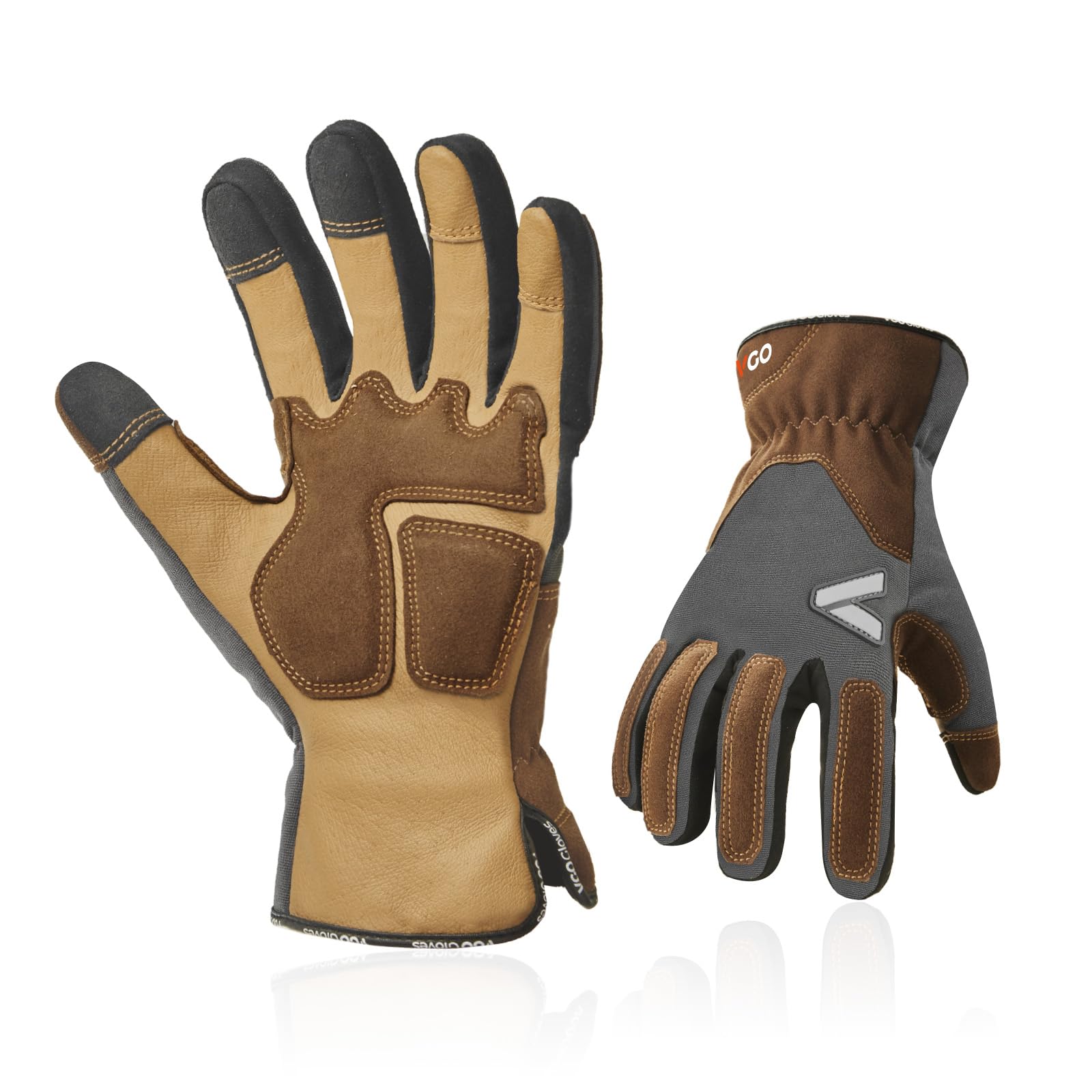 Vgo... Work Gloves Touchscreen Men in Pig Leather Antiabrasive Antivibration, Working Gloves Men for Gardening Wooden Warehouse Assembly Delivery Multifunction (Grey-PA7775, M,Pack of 1)