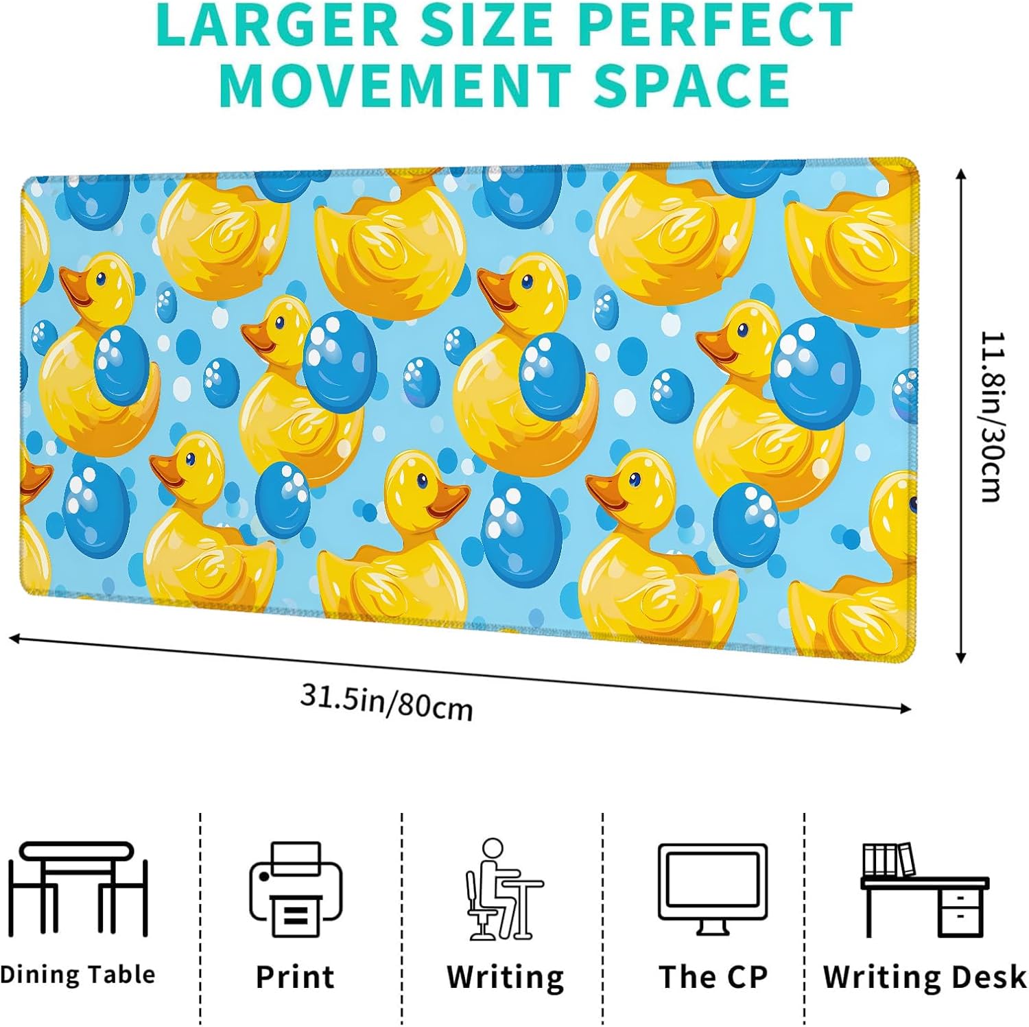 Colorful Rubber Duck Gaming Mouse Pad – 12x31.5in Large Extended Desk Mat with Cute Cartoon Yellow Ducks Bubbles Design – Non-Slip Rubber Mousepad for Office Home – Deskmat Gifts Decor