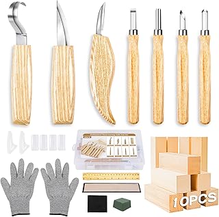 Ciseaux à Bois, 23 in 1 Outils de Sculpture bois, Outillage Bois avec 7 Couteau Sculpture bois, Professionnel/Junior Outil de Ciseaux a Bois Kit DIY avec Gants anti-coupures (Couleur du Log)