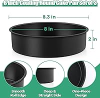 Vista 3 de TeamFar Juego de 3 moldes redondos de 8 pulgadas para tartas, con revestimiento antiadherente, núcleo de acero inoxidable para cumpleaños, fiestas