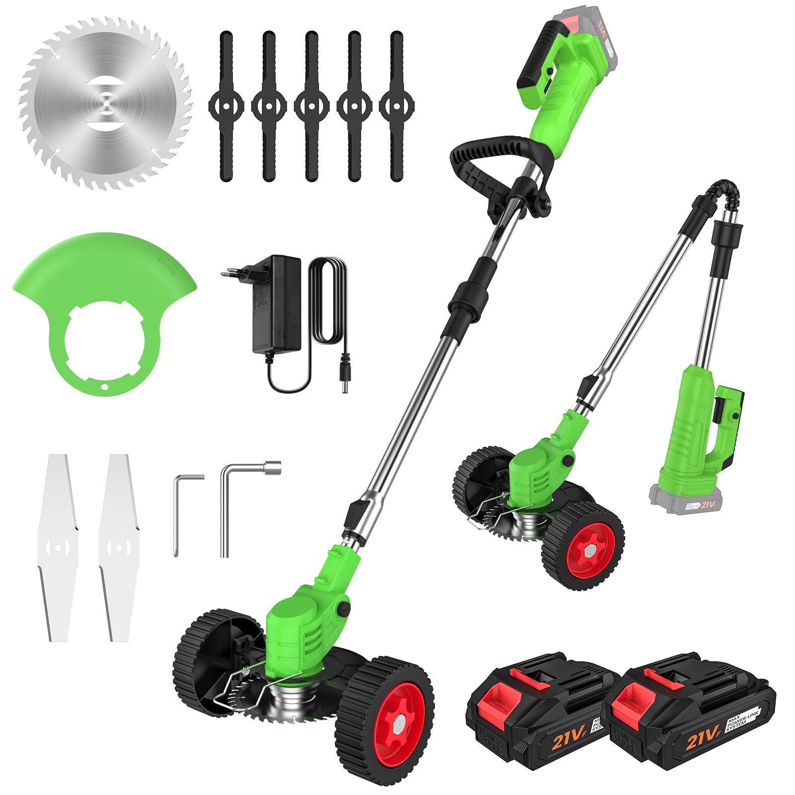 Desbrozadora Bateria 21V, Desbrozadora Electrica con 2 Baterías y 3 Cuchillas, Ruedas Desmontables, Altura Ajustable, Cortacésped de Batería Plegable para Recortar Césped y Arbustos