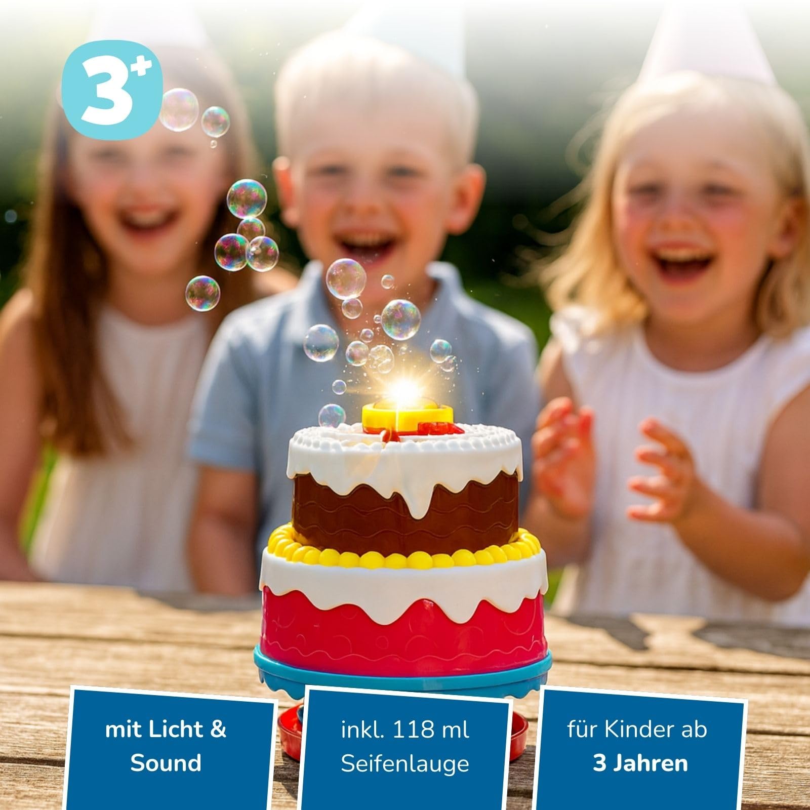 alldoro 60612 Bubble Fun Party Cake con macchina per bolle, luce, suono di buon compleanno commutabile, liquido