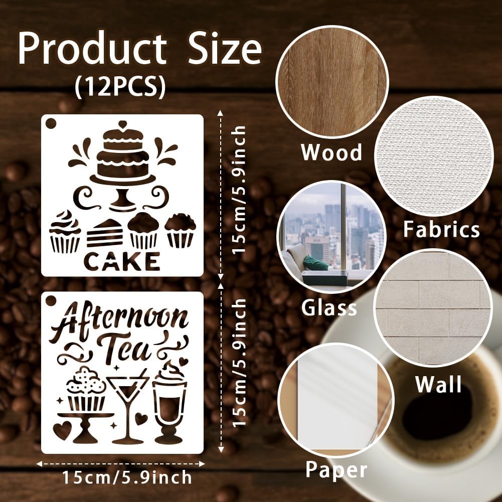 12 Sheets Coffee Cake Drinks Stencils for Painting, Coffee Cup Coffee Time Reusable Drawing Templates Afternoon Tea Plastic Art PET Templates for Painting on Wall Wood Home Decor