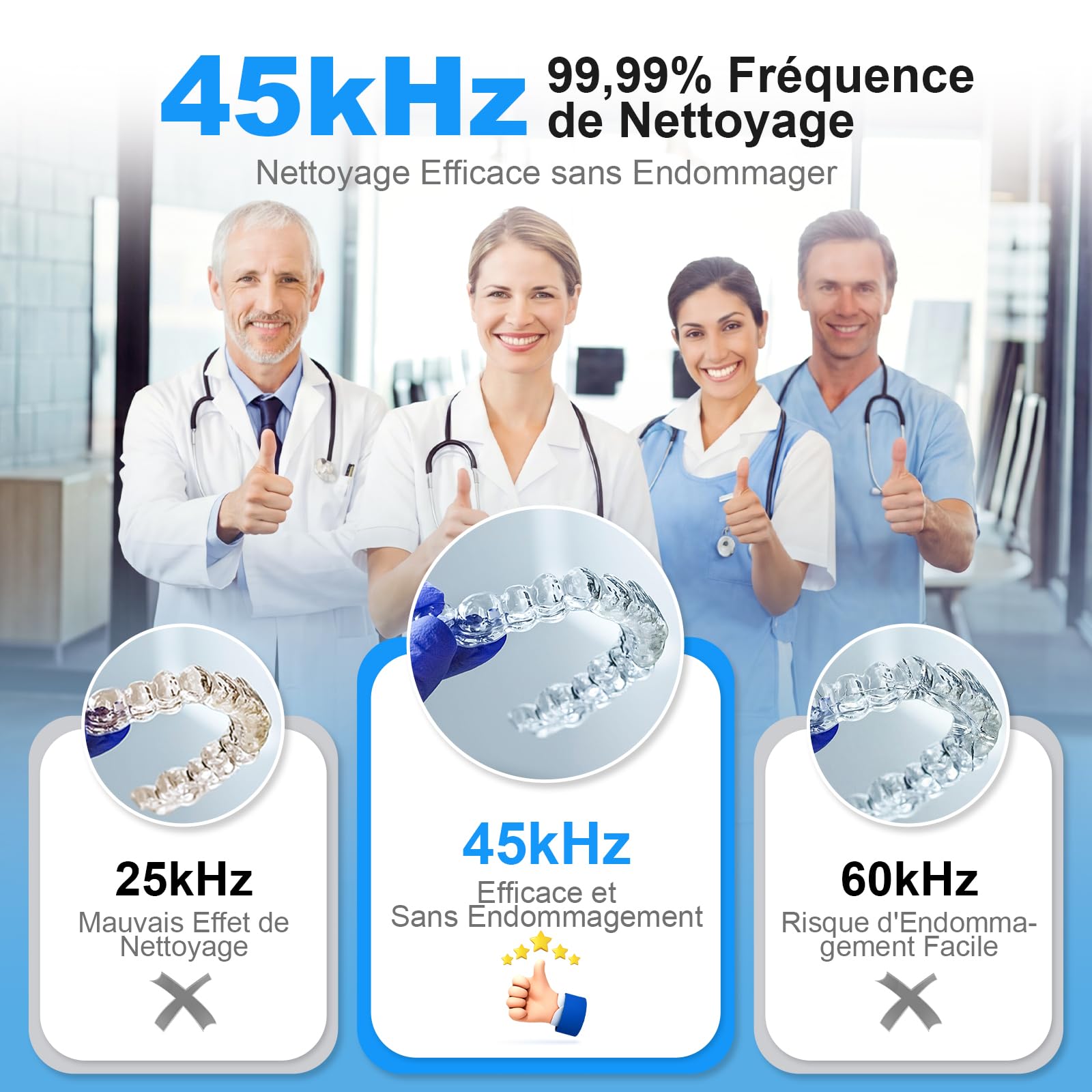 Nettoyeur Ultrasons Pour Prothèses Dentaires 45kHz Haute Fréquence UV 3 Modes 200ML Réservoir INOX 304