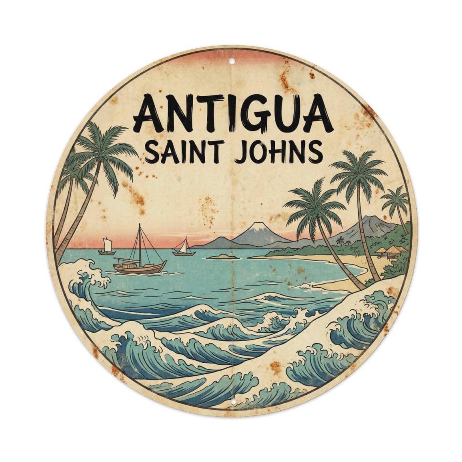 Olhnbad 08X08inch Style Antigua Saint John Coastal Escape Classic Illustration Metal Tin Sign