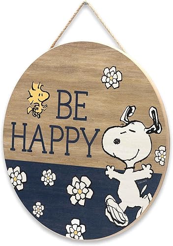Vista 2 de Peanuts Snoopy Be Happy Round Hanging Wood Wall Decor - Fun Snoopy Sign for Home Decorating - Great Gift Idea Azul