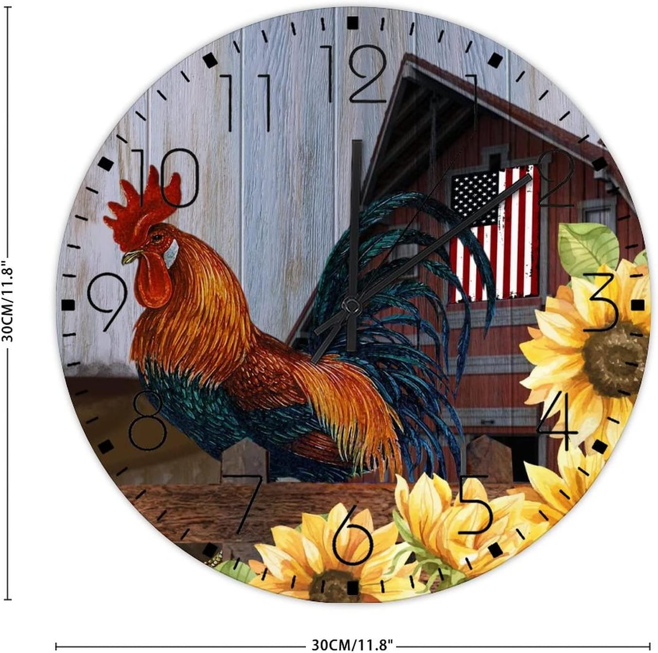 12" Wood Wall Clock Rooster Barnyard Sunflower Barn Wooden Wall Decor for Lofts Beautiful Animal Picture Painting Wall Clocks Non-Ticking Quartz Round Wooden Wall Clock Country for Garden Yoga Room