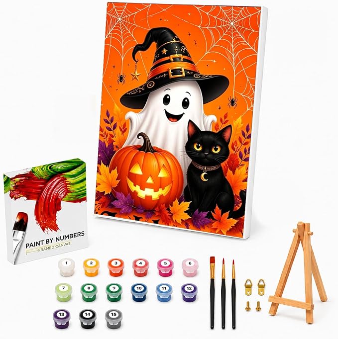 Halloween Paint by Numbers Kit for Kids with Frame Easel Ghost 8x12 inch