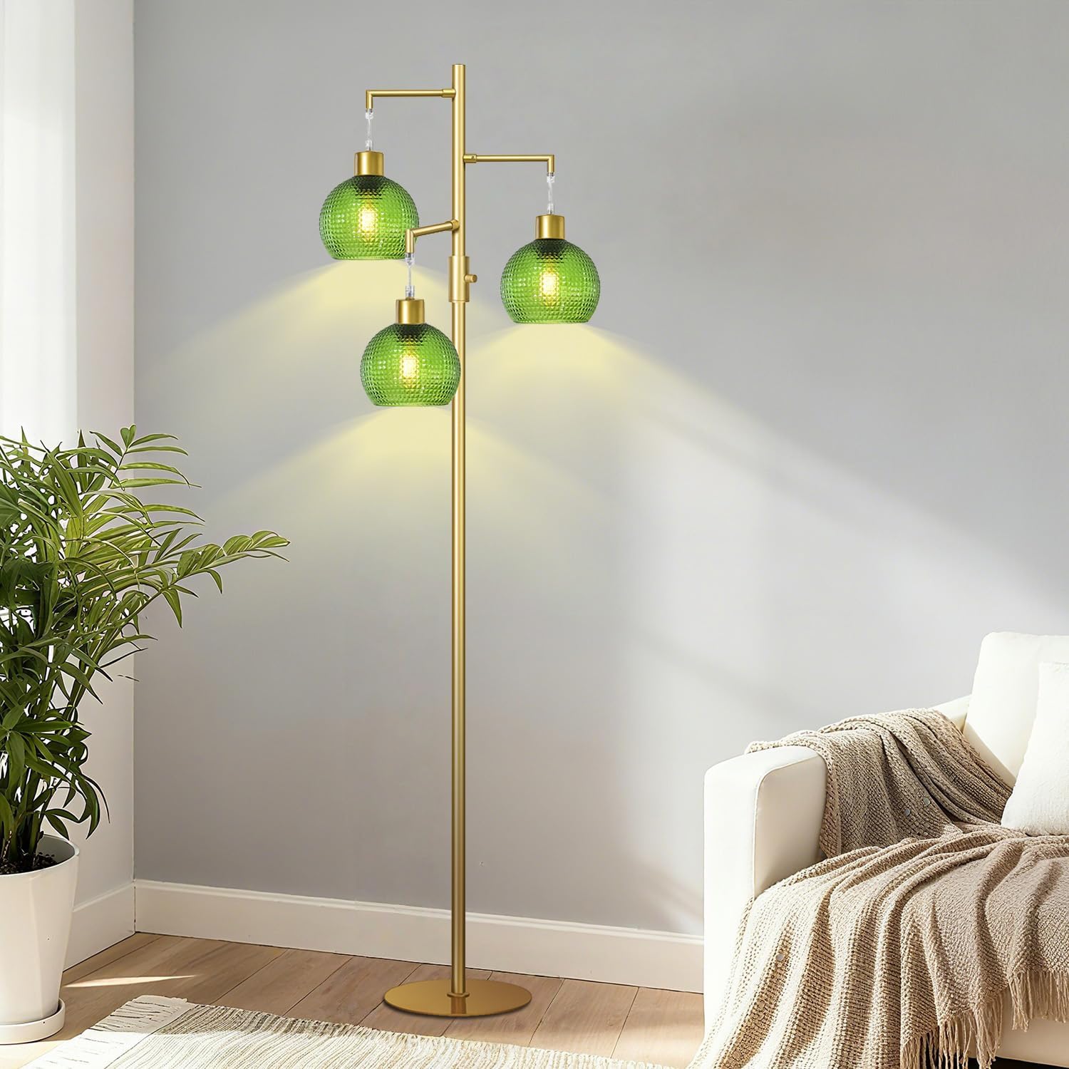 Modern Floor Lamp with Shade, Dimmable Standing Lamp for Living Room, 3 Lights Tree Lamp with Green Glass Shade, Tall Lamps for Bedroom with 3 x 600LM Bulb