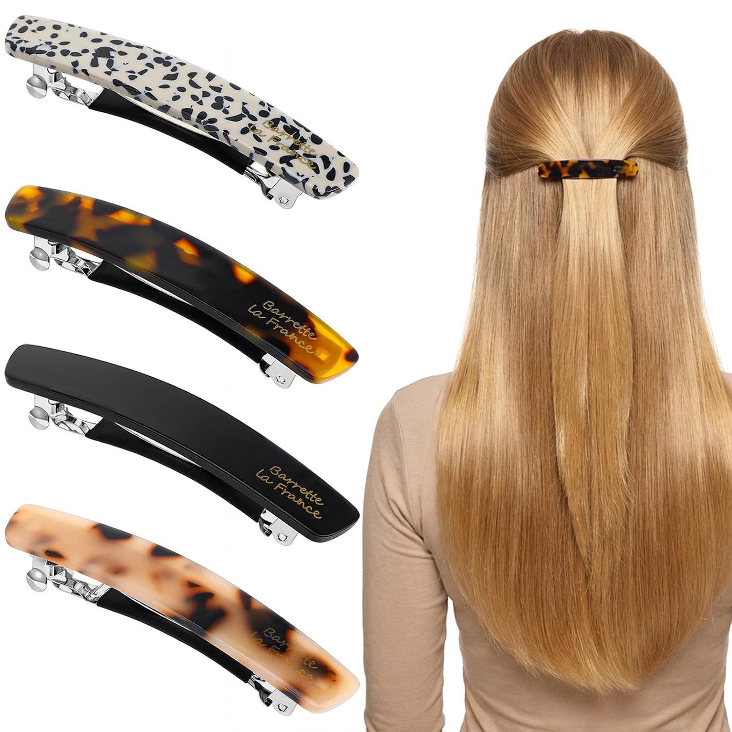 Mabor 4Pcs French Hair Barrettes for Women Thin Fine Hair, Small Metal Alloy Spring Clips 3 Inch, Non Slip Barrettes for Short Hairs, Half Up Accessories