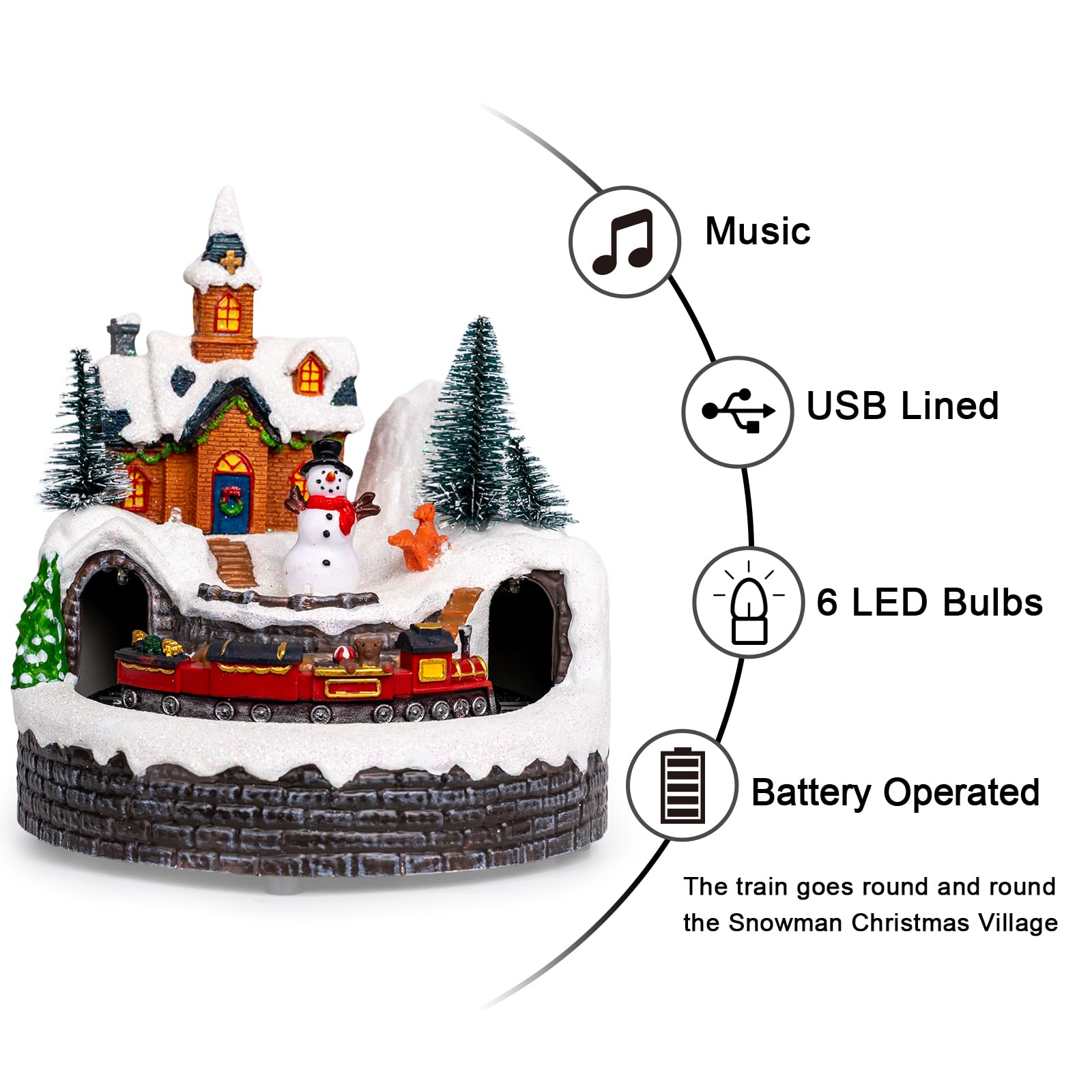 Candieslife Decoraciones musicales animadas de muñeco de nieve de Navidad, tren giratorio con luces cálidas para regalo de decoración de Navidad, adornos decorativos de Navidad de mesa