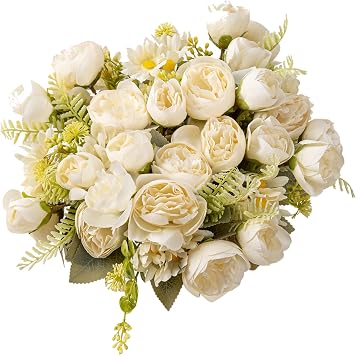Artificial Peonies Flowers,Fake Peony Silk Chrysanthemum Flower Bouquet 4 Bundles Plastic Florals Bulk Arrangements for Vase Wedding DecorationWhite