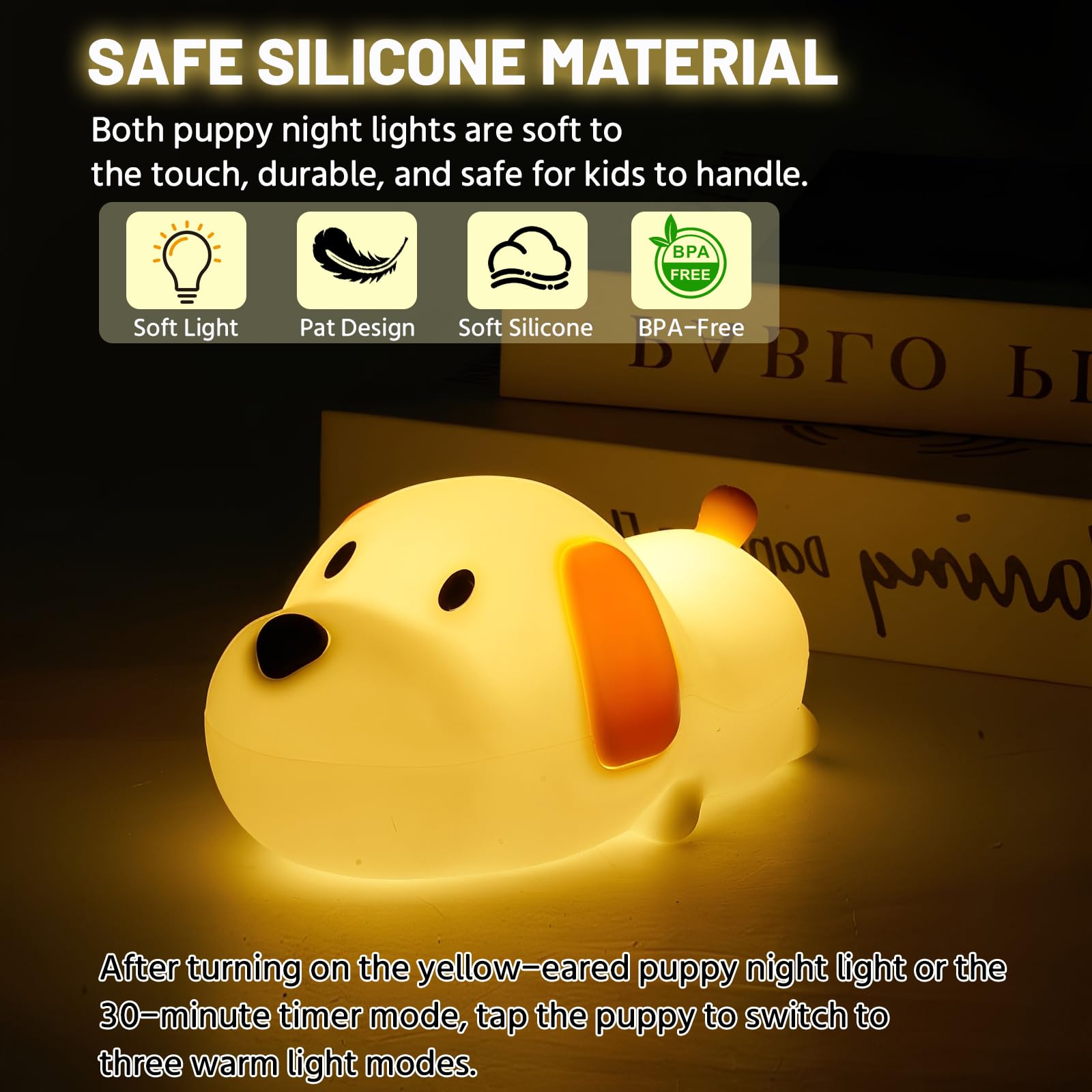 Silikon-Nachtlicht (2 Stück) 7 Farben für Kinder, Touch-Steuerung, LED-Hundelampe, wiederaufladbar, niedliche Welpen-Nachtlichter für Kleinkinder, Jungen, Mädchen, RGB, Warmweiß