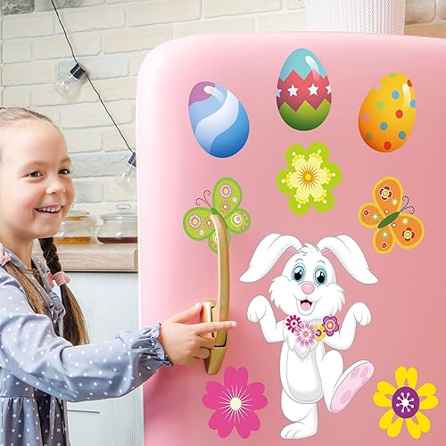 Miniatura 6 de Whaline Imanes de Pascua para refrigerador, 16 unidades, diseño de conejo de Pascua, huevos de conejo, flores, imanes de nevera, calcomanías