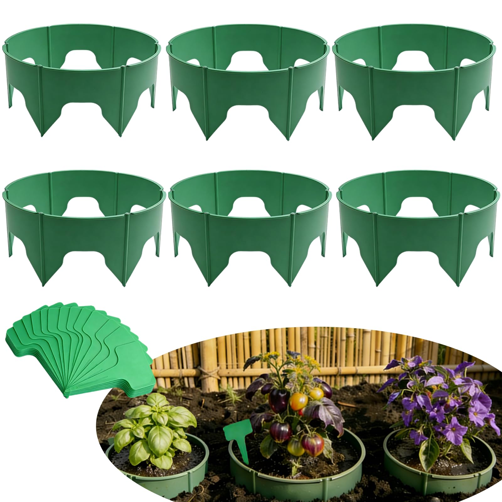 36 Pcs Planting Grow Rings Adjustable Plant Support Rings Included 30pcs Plant Labels - Spliceable Planting Protective Round Edging Circular Landscape Watering Ring for Vegetables, Herbs and Flowers
