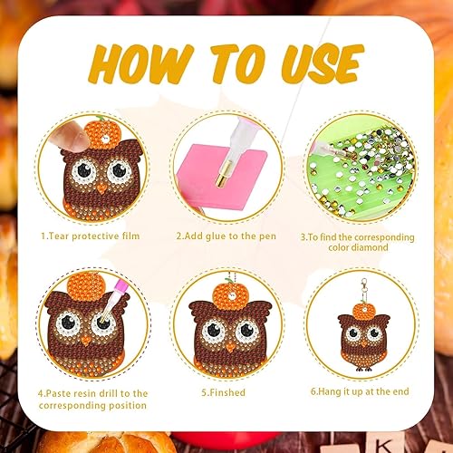 Miniatura 4 de Juego de 12 llaveros de pintura de diamante de búhos para bricolaje, lindos búhos, animales, pintura de diamante, llaveros para principiantes,