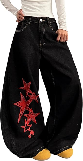 Baggy Jeans for Women Star Embroidery Y2K Wide Leg Denim Pants