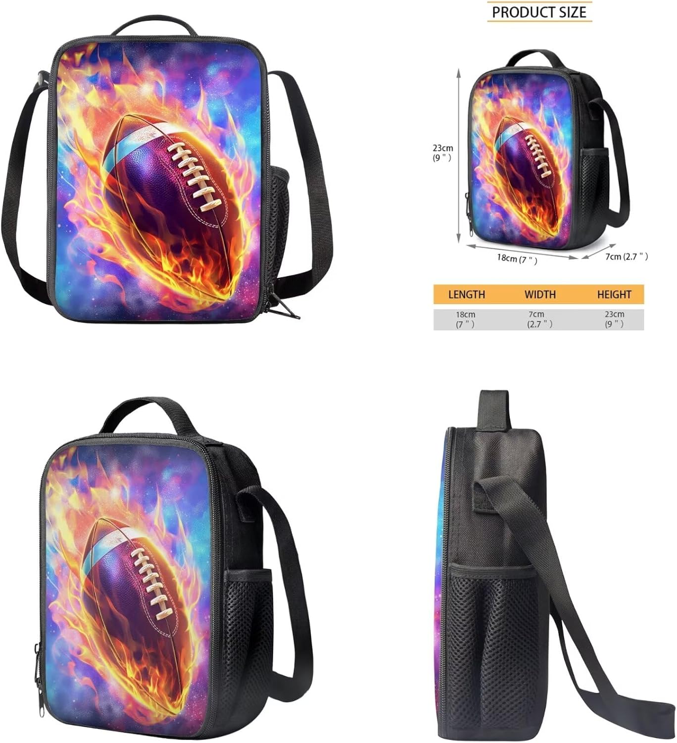 Galaxy Football Backpack for Boys Kids Backpack with Lunch Box and Soft Pencil Case 3PCS Set Bookbag with Compartments for School Teens 17 inch Large School Bag with Side Pocket for Girls