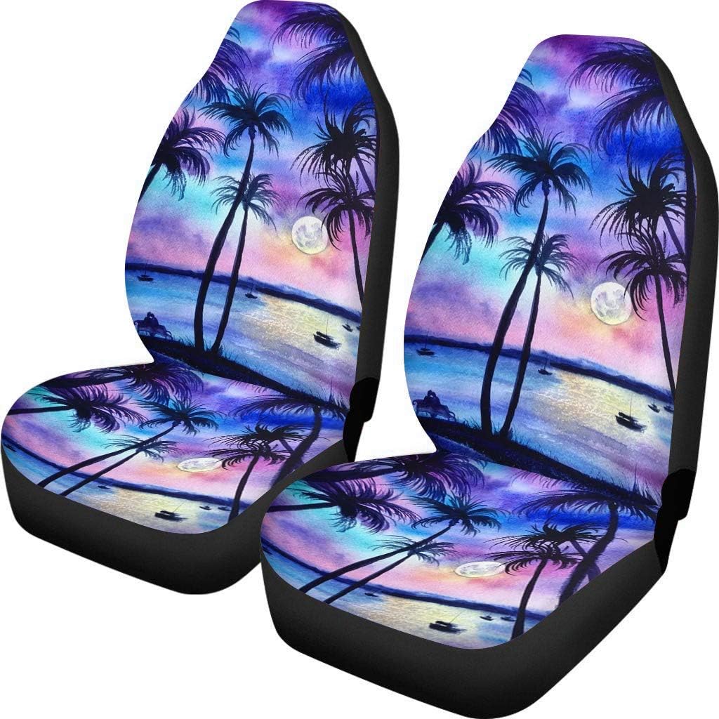 Hawaiian Style Beautiful Sunset Tropical Beach Palm Tree Car Seat Covers Front Seat Only,Vehicle Bucket Seat Protetors Universal Fit Most Vehicle,Sedan,Truck,Van