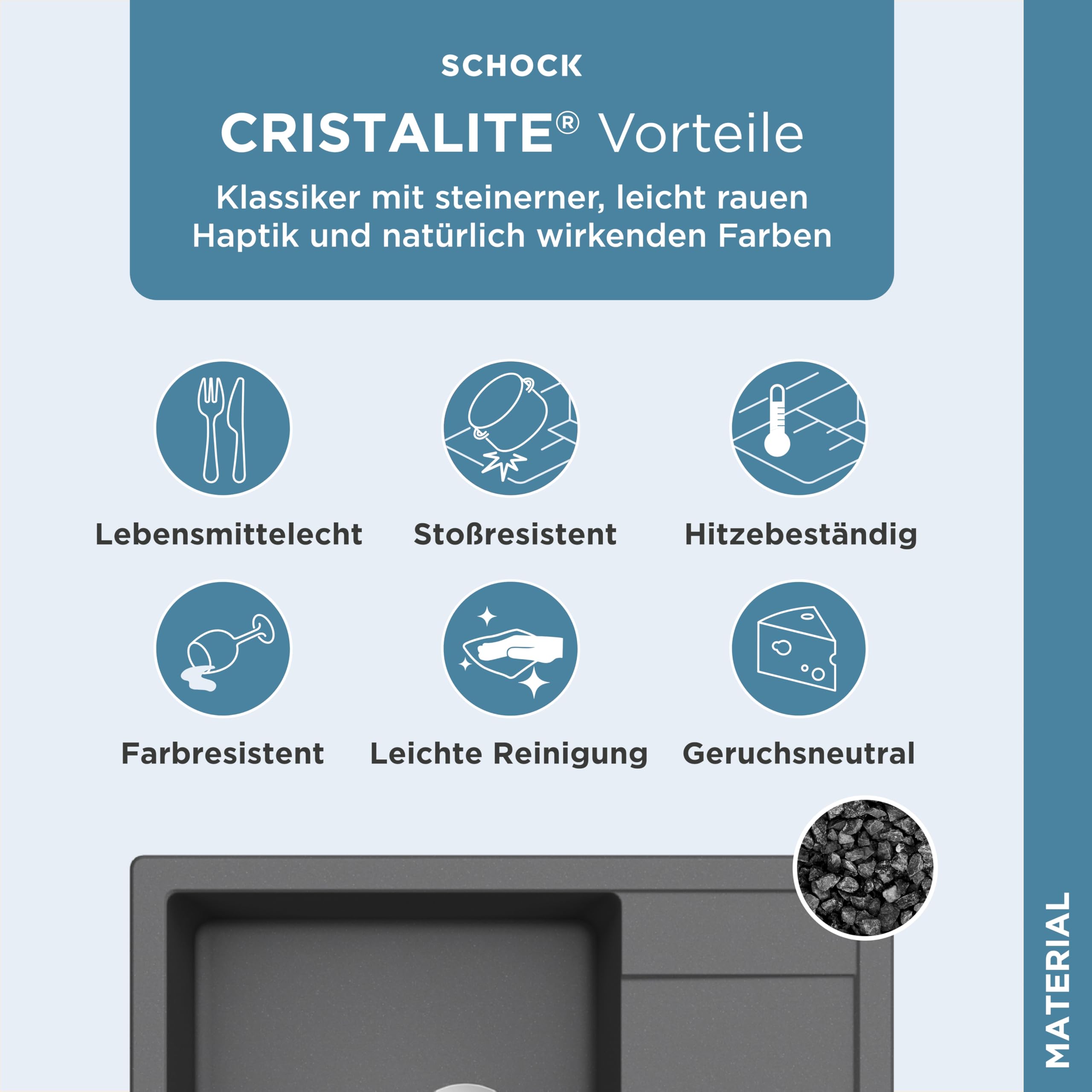 SCHOCK Küchenspüle Manhattan D-100 in Croma I Granitspüle mit verkürzter Abtropffläche I Einbauspüle für 50 cm Unterschrank I robuste kratzfeste Cristalite Spüle I Spüle mit Excenterbedienung