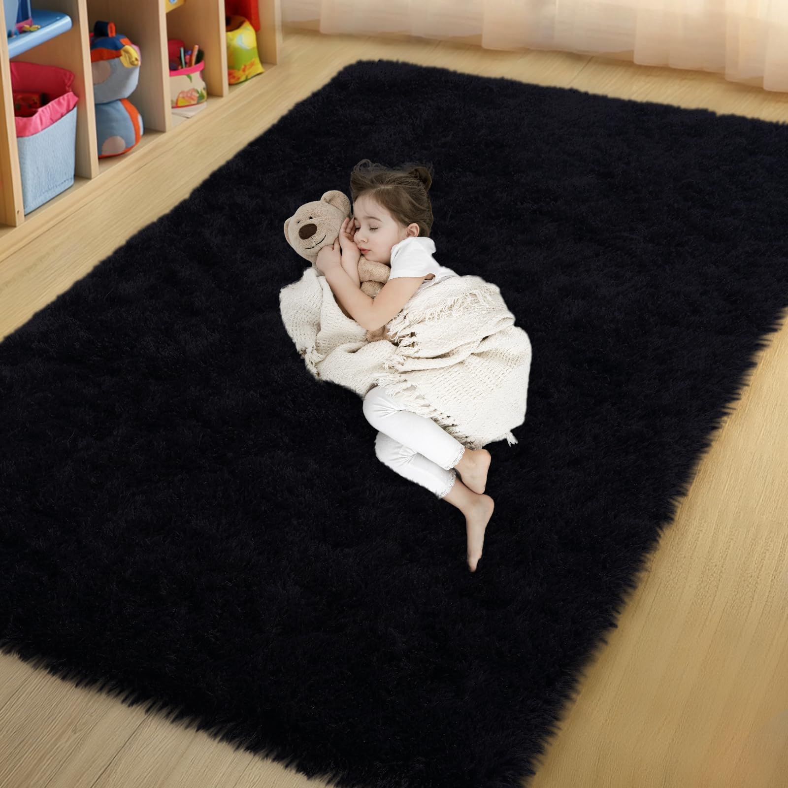 qulint Black Area Rug for Living Room, 4x6 Fluffy Rug for Bedroom Soft Shag Small Carpet for Nursery, Fuzzy Plush Shaggy Alfombras for Boys and Girls