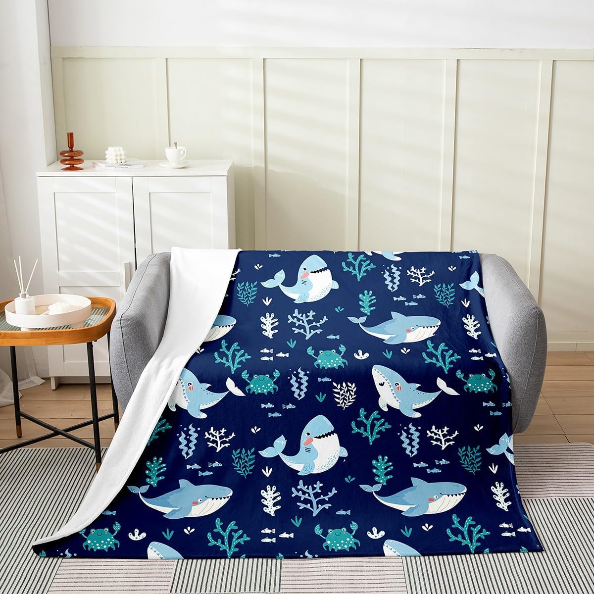 Cartoon Shark Fleece Blanket,Kawaii Ocean Animal Crab Marine Life Bed Blanket for Kids Teens,Undersea Coral Seaweed Navy Blue Flannel Blanket for Room Decor,Queen 90"x90"