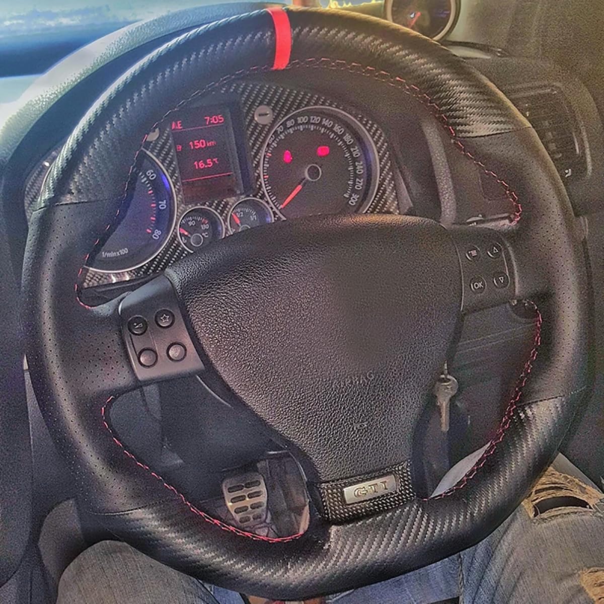 Loncky Custom Fit OEM Stitched Carbon Fiber Suede Genuine Leather Car Steering Wheel Cover for Volkswagen VW R32 2008 / VW GTI 2006 2007 2008 2009 / Jetta GLI 2006 2007 2008 2009 Accessories