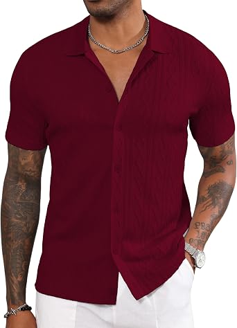 Mens Casual Button Down Shirt Short Sleeve Knit Polo Shirts Trending Fashion Summer Beach Vacation Clothes