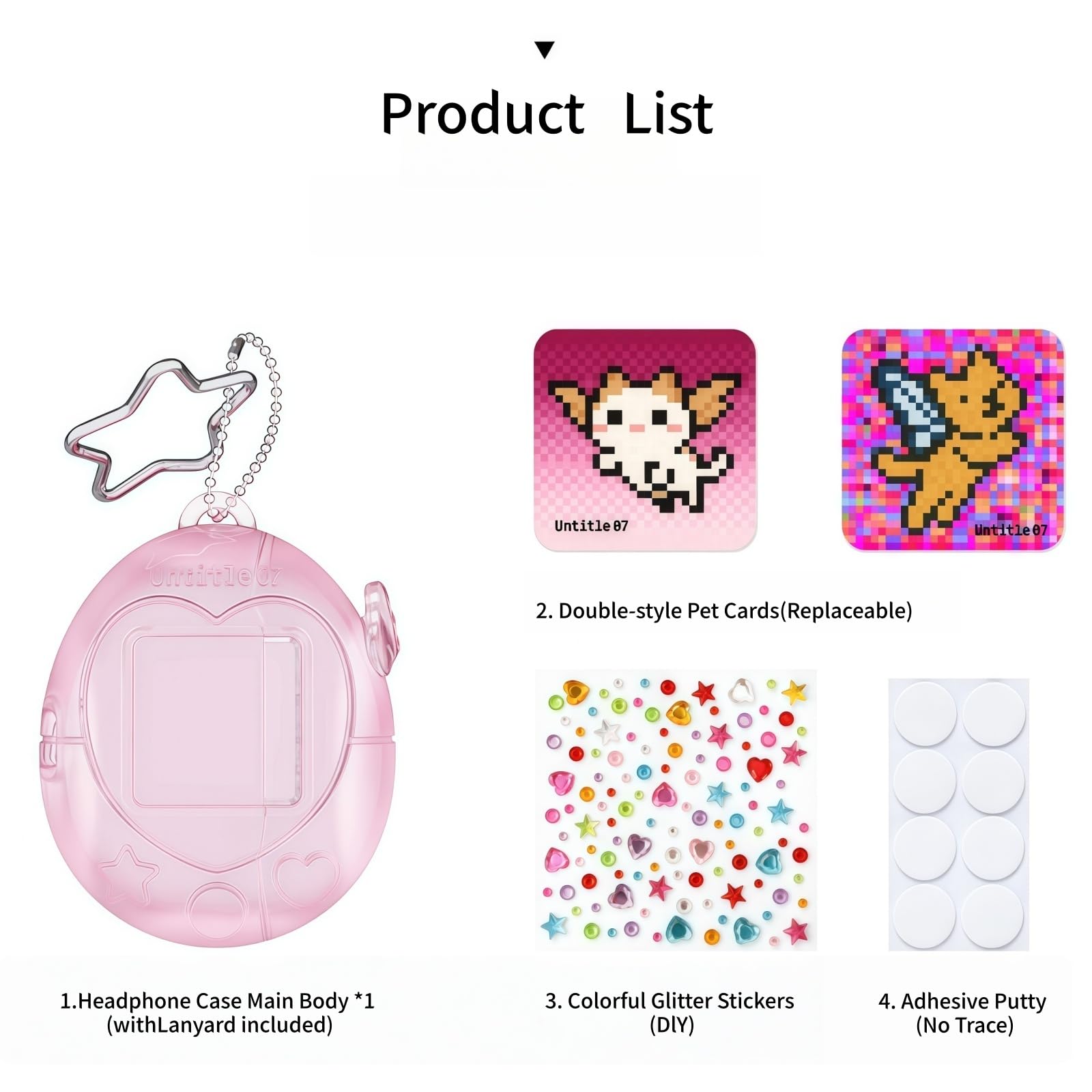 Custodia per auricolari Virtual Pet, rosa Kawaii Tama gotchi, custodia protettiva con portachiavi a stella, carte sostituibili per animali domestici, adesivi glitterati per pod 4/Pro 2/1 (argento, Pro