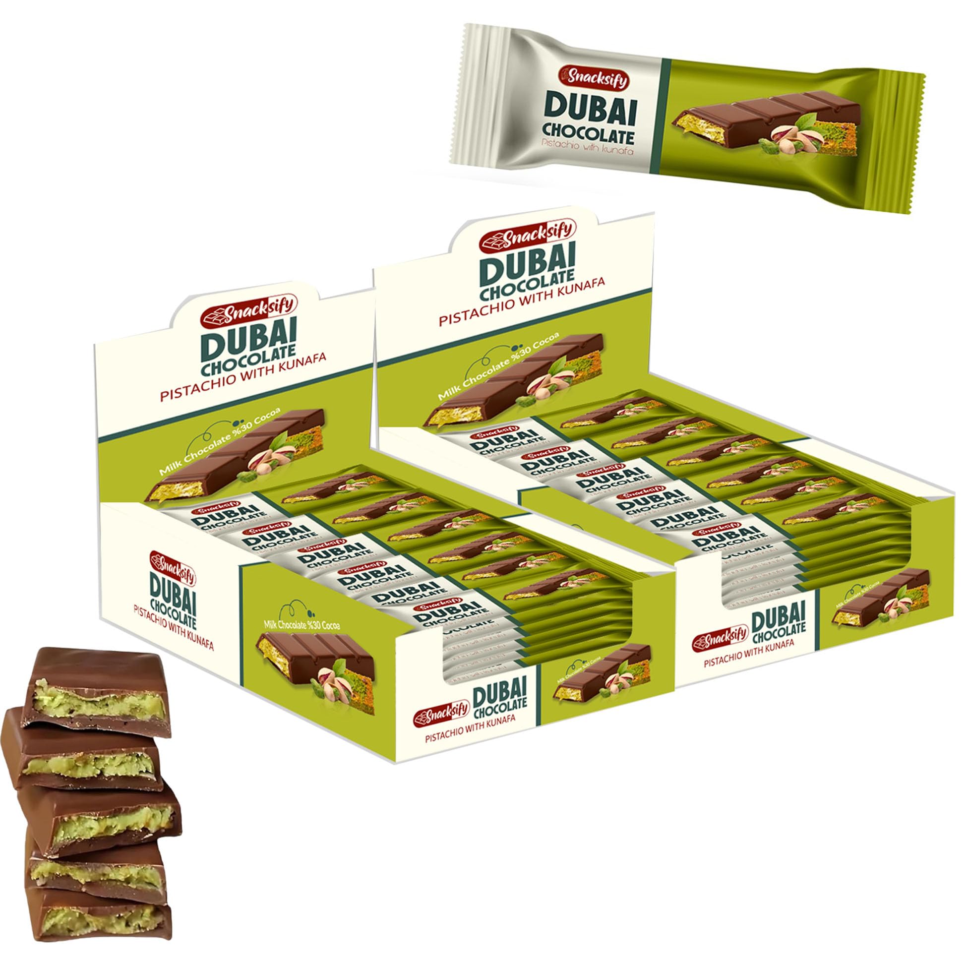 Mini Dubai Chocolate (Pack of 48) - Kunafa Pistachio Bars, 27g Each, 2.86 lbs Total – Perfect for Gifting, Fresh Daily Production, 24 Pieces with Shredded Phyllo Dough