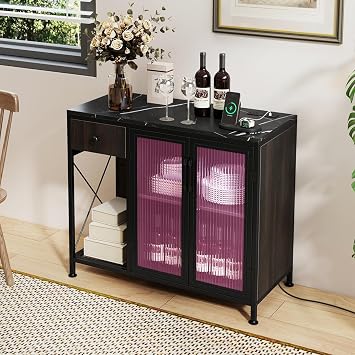 GiantexUK Buffet Sideboard with LED Lights, Wooden Kitchen Storage Cabinet with Power Outlets, Drawer, 2 Doors & Open Shelves, Coffee Bar Cabinet for Dining Living Room Black