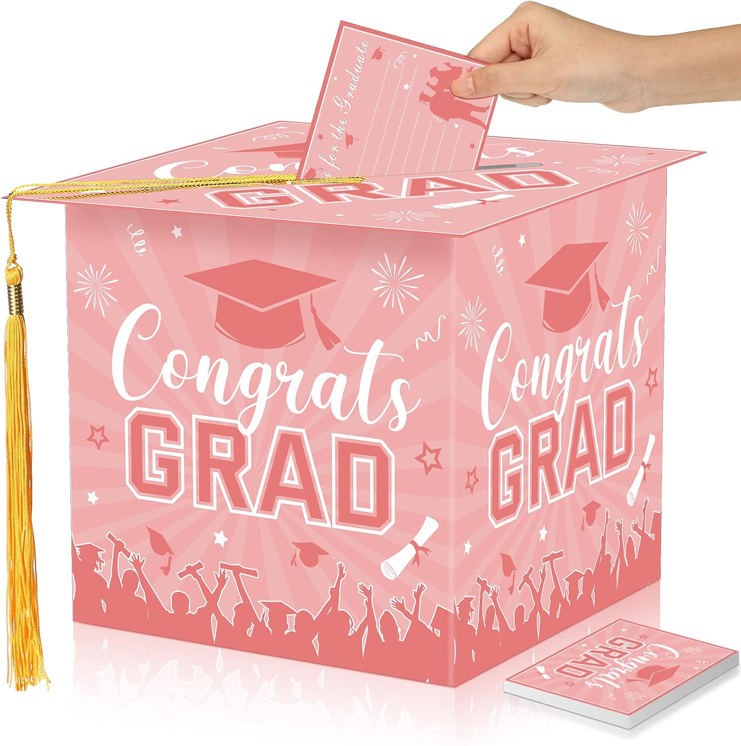 Yisong Graduation Card Box 2026 with 30 Advice Wishes Cards Congrats Grad Cap Box with Real Tassel for Class of 2026 Graduation Party Decorations(Pink)