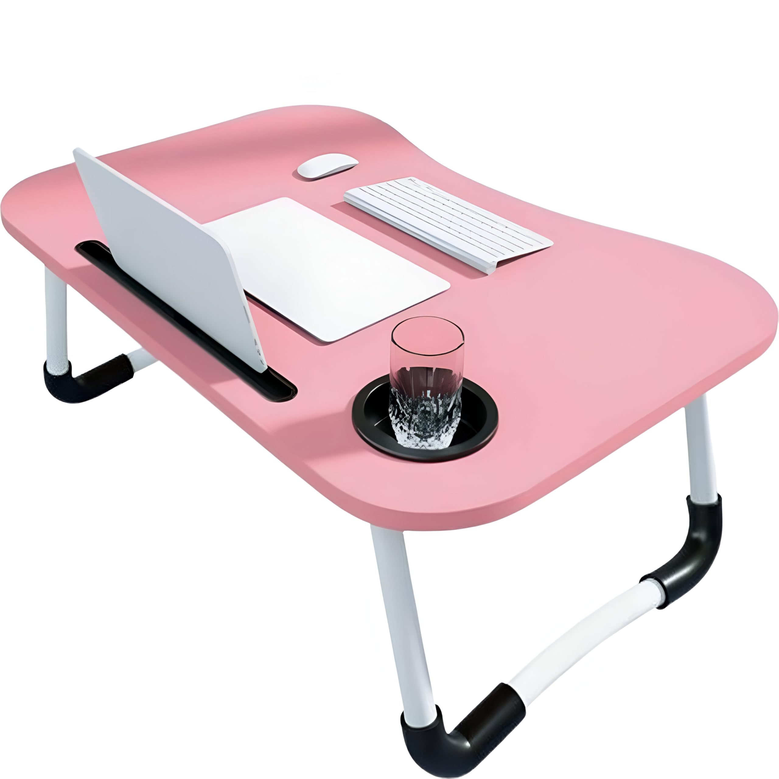 Ntek Pink Laptop Desk, Laptop Bed Table With Foldable Legs & Cup Slot, Tablet Holder, Breakfast Tray, Portable Lap Desk For Sofa, Bed, Couch, Reading & Writing, Watching Movies (Pink)