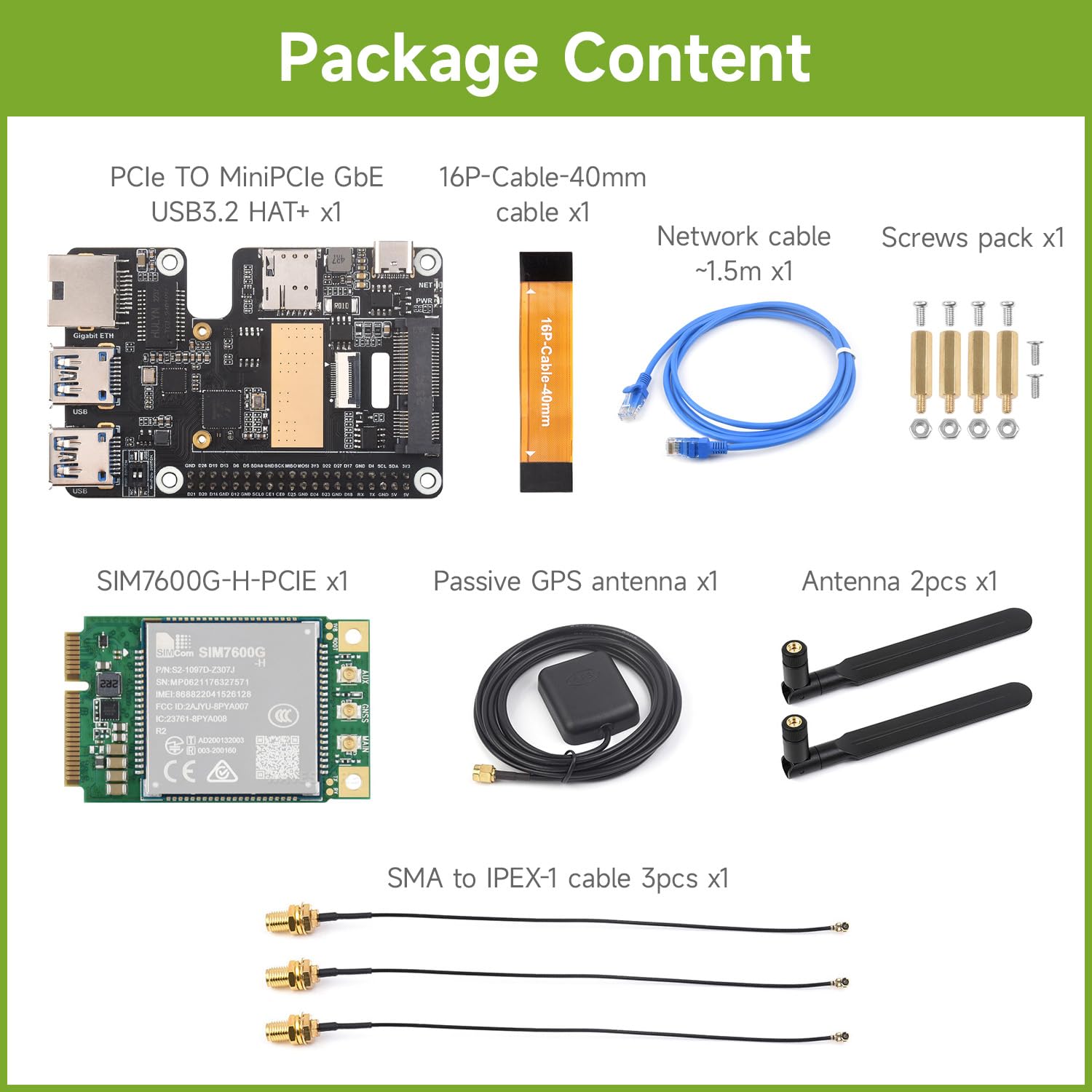 Waveshare PCIe to MiniPCIe/Gigabit Ethernet/USB 3.2 Gen1 HAT+ Compatible with Raspberry Pi 5, Supports Multiple OS and MiniPCIe interface 4G Module (with SIM7600G-H-PCIE),High-speed Networking