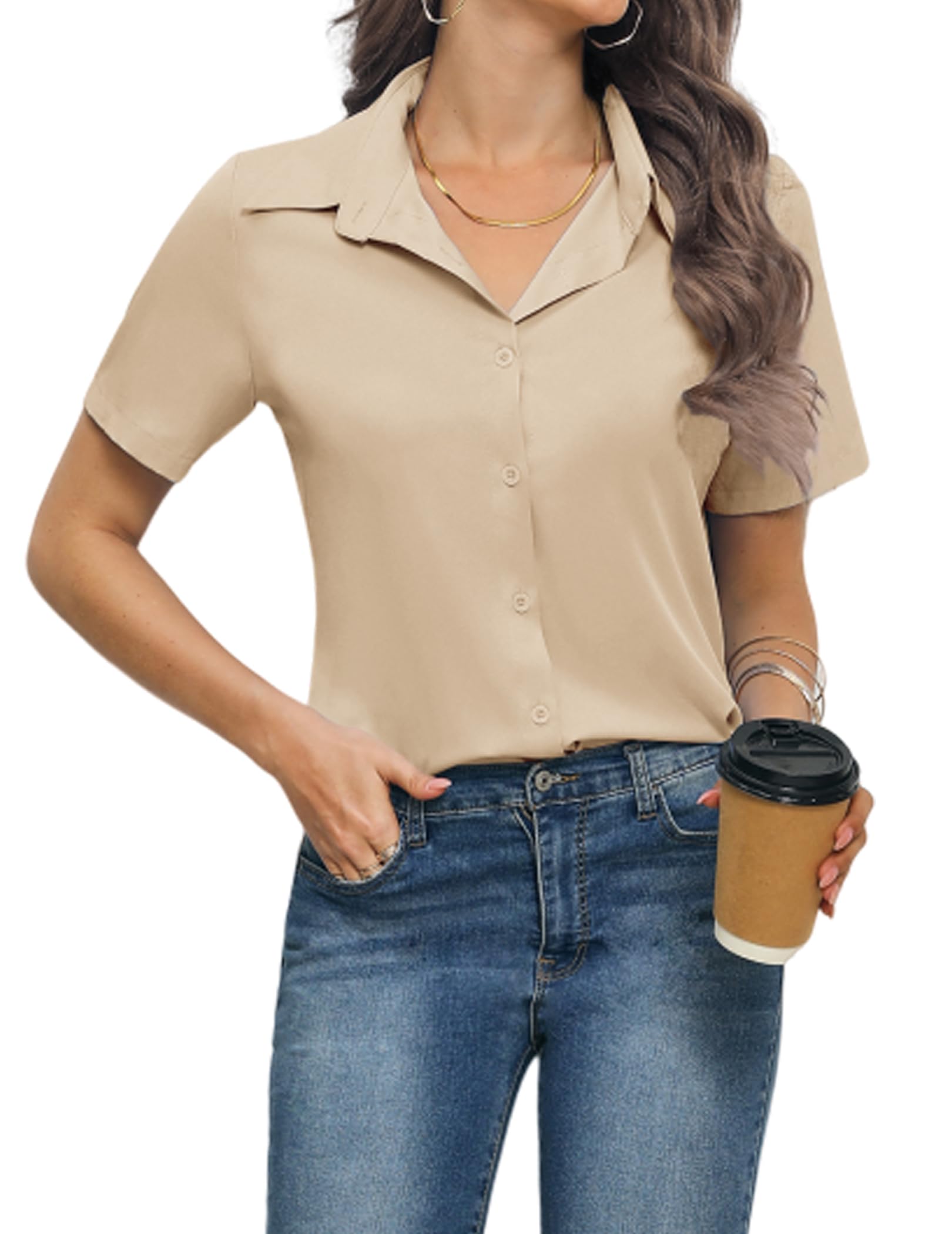 Zeagoo Bluse Damen Kurzarm Hemdbluse Business Hemd V-Ausschnitt Blusen Elegant Oberteile Mit Knöpfen Satin Hemden Lässige Shirt S-XXL