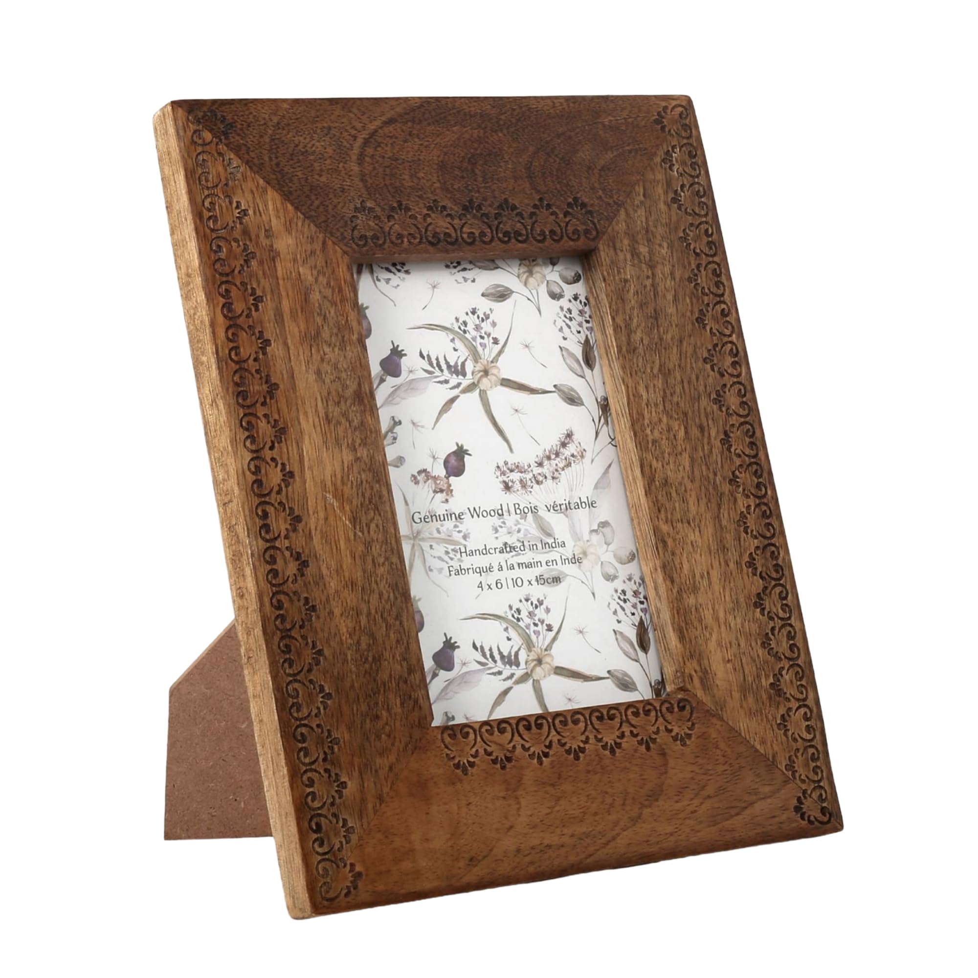 Edzzel Brown Handcrafted Wood Photo Frame 4X6 - Rustic Carved Border Picture Frame With Mandala Art Insert - Bohemian Tabletop & Wall Hanging Decor - Natural Wood Grain Finish, Made In India