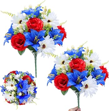 Large 20 Heads Artificial Red White and Blue Flowers Outdoor UV Resistant 2 Bouquets Patriotic Flowers Roses Sunflowers Lilies for 4th of July Decor Veterans Indoor Home USA 250th Anniversary