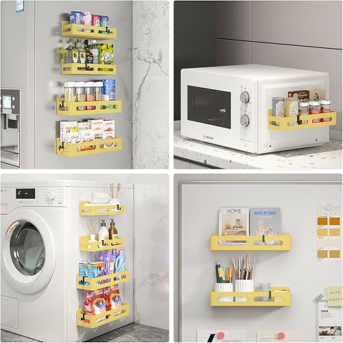 Miniatura 70 de Paquete de 4 estantes magnéticos para especias para refrigerador, organizador de especias, estante magnético móvil con 4 ganchos para organización