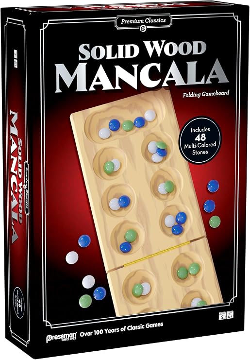 Pressman Premium Classics: Solid Wood Mancala Folding Gameboard | 48 Multi-Colored Stones | 2 Players, Ages 6+