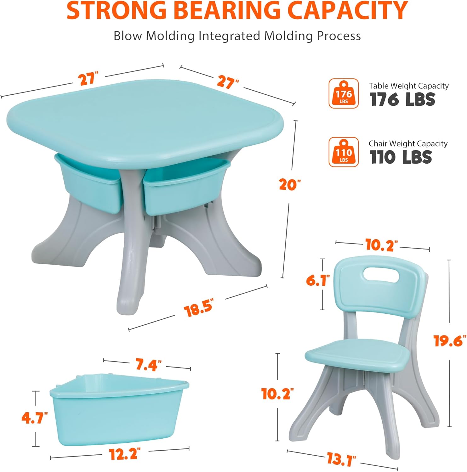 SUPER DEAL Kids Table and Chairs Set 3 Piece Plastic Children Activity Table with 4 Detachable Toy Storage Bins for Arts, Crafts, Snack Time and More, Safety Round Corners, Green