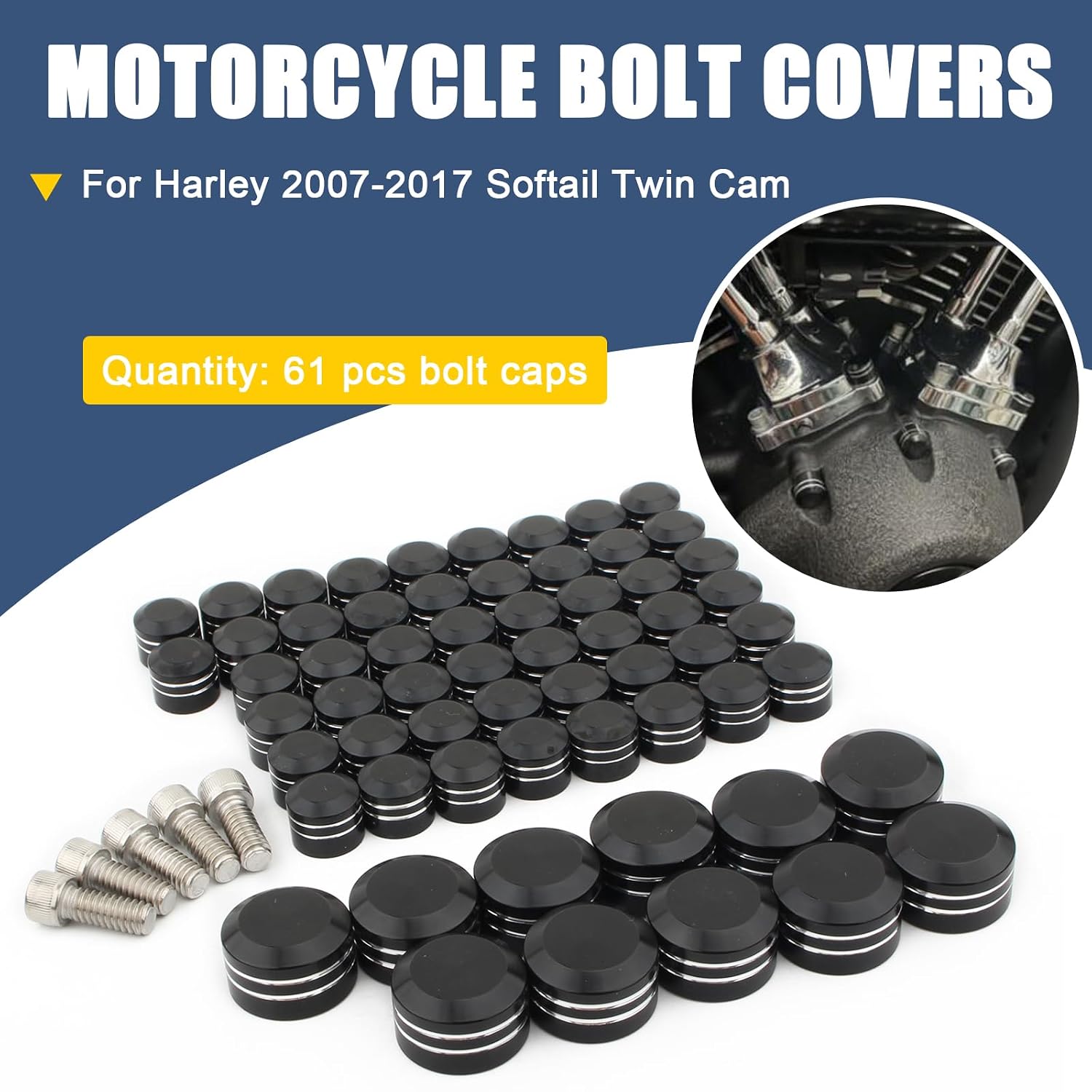 Motorcycle Bolt Covers Flat Engine Bolt Head Toppers Caps Kit for Harley 2007-2017 Softail Twin Cam Fat Boy Lo Heritage Softail Night Train Rocker C Blackline Breakout Cross Bones (Black White)