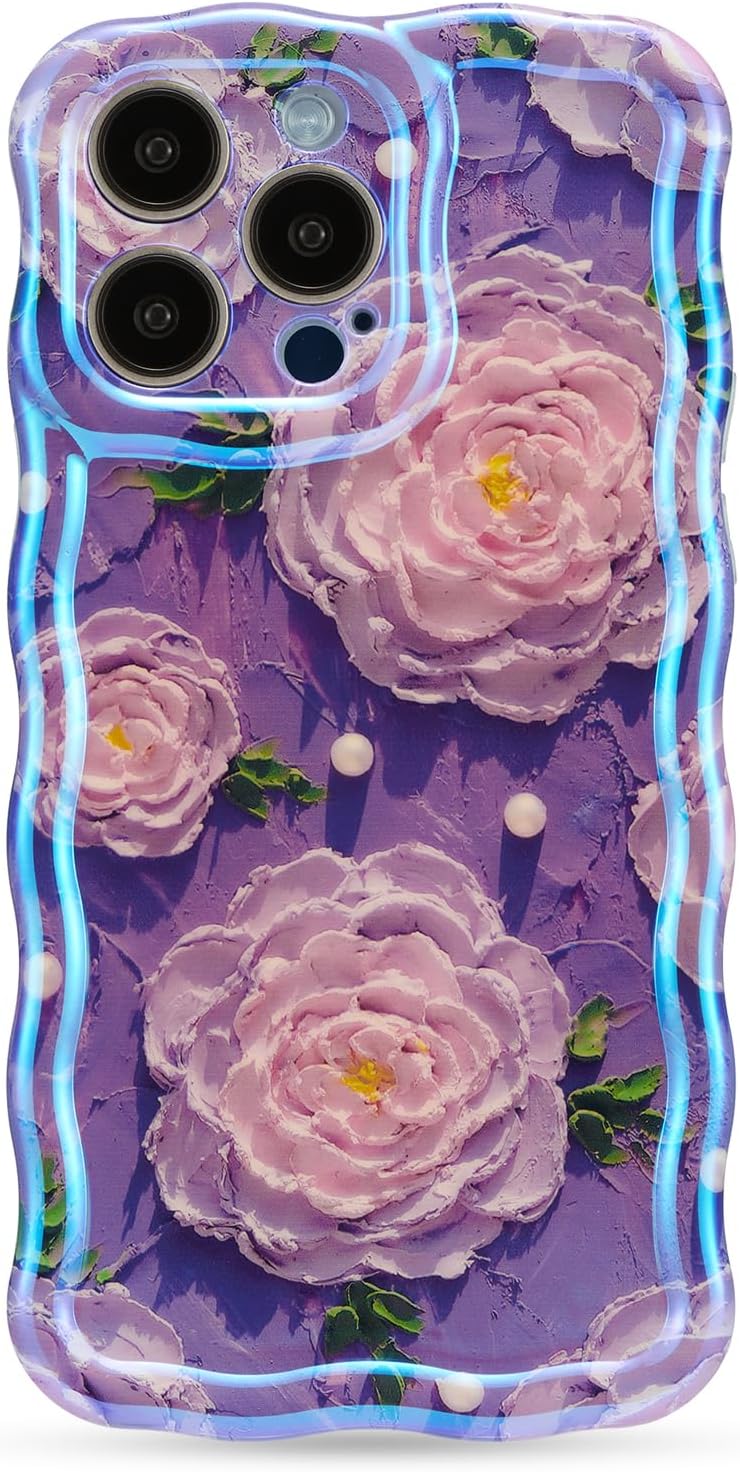 XIZYO Case for iPhone 16 Pro Max, Colorful Retro Oil Painting Flower Cute Floral Aesthetic Curly Wave Frame Laser Glossy Reflective Exquisite Stylish Protective Cover Women Girls-Peony Flower/Purple - Image 8