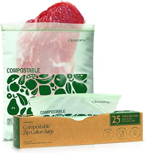 Cleanomic Bolsas compostables de almacenamiento de alimentos de tamaño galón (25 Eco Zip) a prueba de congeladores y fugas, también disponibles