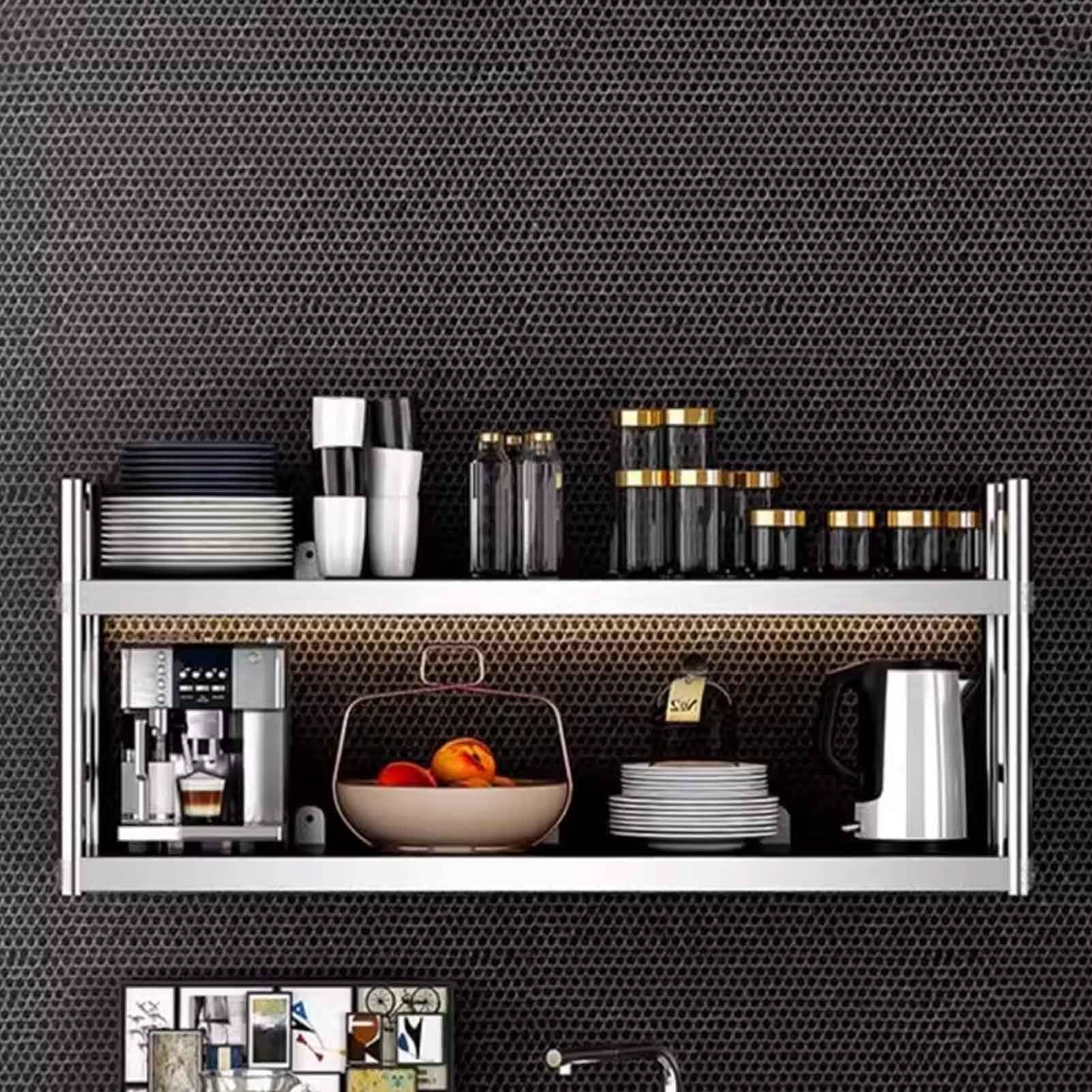 Estante de especias de acero inoxidable de 2 niveles montado en la pared, moderno estante para microondas, cocina resistente (120 x 35 x 55 cm) para almacenamiento de especias, hierbas y artículos